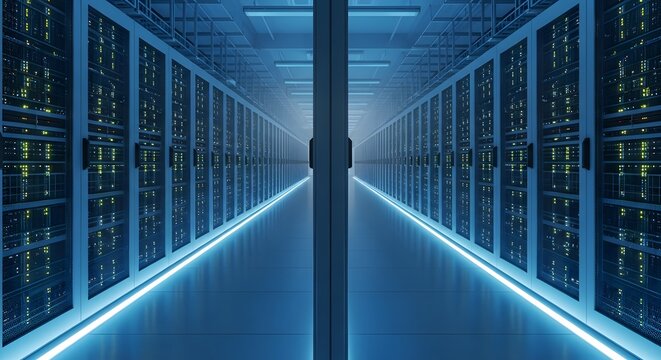 Server Room Data Center Interior with Rows of Network Servers - Powered by Adobe