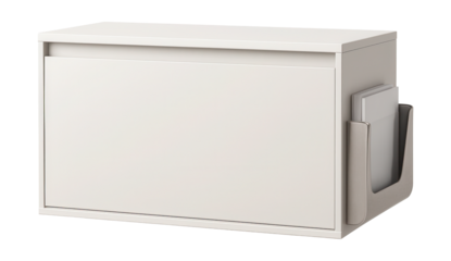 Under-sink console with integrated magazine rack for guest bathroom reading storage.