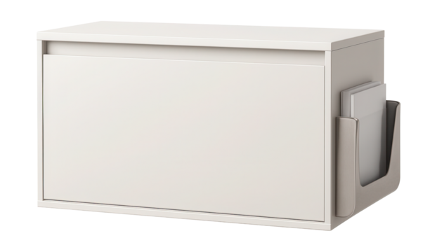 Under-sink console with integrated magazine rack for guest bathroom reading storage.