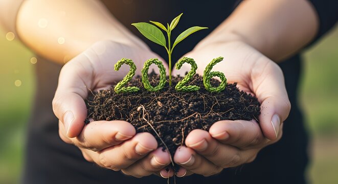 Hands holding soil with plant and year formed from plants symbolizing growth