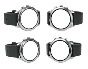 Four angle product shots of a round stainless steel watch with a black silicone band