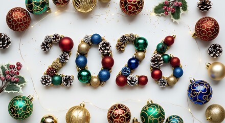 Festive new year arrangement of ornaments and pinecones spelling out the year