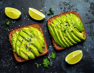 Two avocado toast slices on dark surface with limes