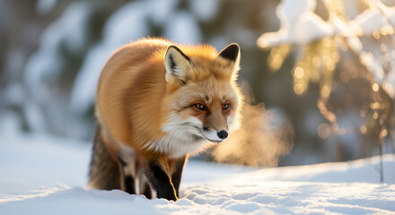Obraz premium Red Fox in Winter Forest Steaming Breath Golden Hour Snow