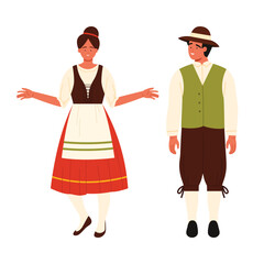 Man and woman in traditional Italian folk clothing standing isolated on white background vector illustration