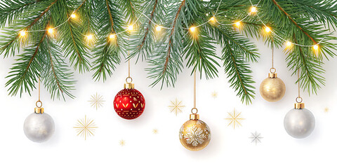 Festive Christmas Tree with Red and Gold Ornaments and Berries in a Snowy Twinkling Background