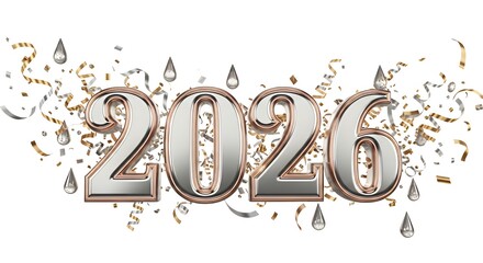 Silver and rose gold year two thousand and twenty six with confetti decor