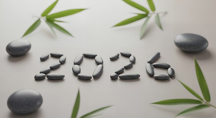 Stones forming the year twenty twenty six with bamboo leaves around it