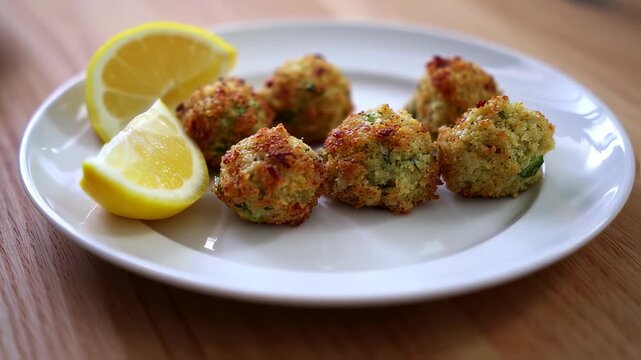 Delicious zucchini balls with crispy breadcrumb coating and fresh lemon garnish
