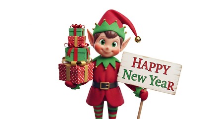 Elf holding gifts and happy new year sign on a white background image