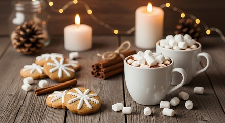 Still life of mugs with hot chocolate, cookies, candles and lights on wood