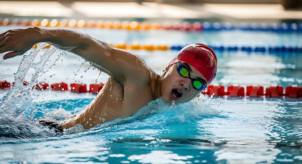 Dynamic image of young guy, swimming athlete in red cap and goggles in motion in swimming pool, training. Freestyle swim. Concept of professional sport, health, endurance, strength, active lifestyle