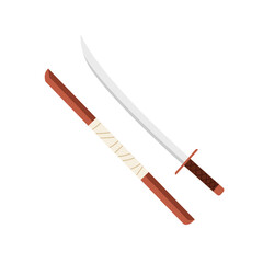 Classic Japanese katana sword and sheath on white background, isolated weapon vector illustration