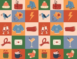 Winter cute seamless pattern. Modern mosaic background with hand-drawn holiday elements, glasses, socks, clothes, glass, gift, skates, heart, letter. cute art illustration