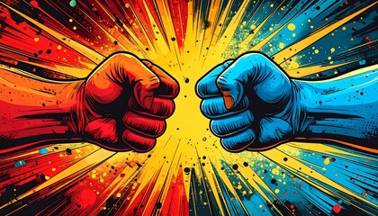 Two fists clashing in a vibrant comic book style explosion