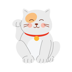Isolated smiling maneki neko cat with raised paw and red collar on white background vector illustration