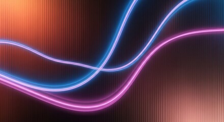 Abstract flowing neon light trails in vibrant pink and blue against a warm blurred background