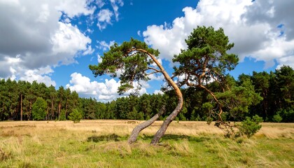 Two gnarled pines in a sunny meadow