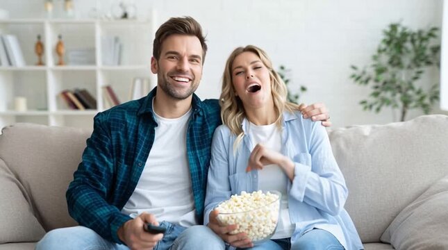 Couple enjoying movie night with popcorn.