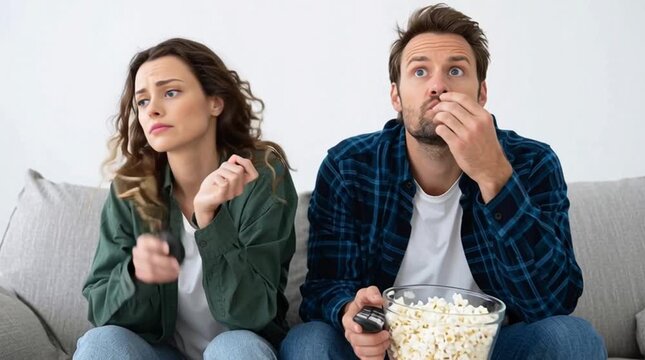 Couple watching TV with popcorn at home.