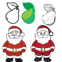 Two cartoon drawings of santa claus, one in full color and one as a line art sketch, standing next to a green pear and two pear sketches