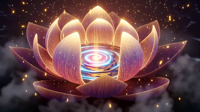 Mystical Lotus Flower Blooms with Swirling Energy and Floating Sparks