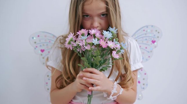 Child holding flowers with angel wings.