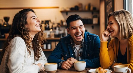 Cheerful group of diverse friends laughing and talking over coffee at a cafe