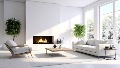Fototapeta premium Bright, minimalist living room with white walls, furniture, fireplace, plants, and large windows