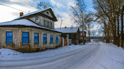 An example of residential development on the street. An old house at 20 Uritskogo Street, Ostashkov, Tver Oblast, Russia.