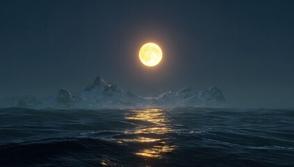 Full Moon Over Misty Ocean and Mountains.