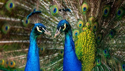 Two peacocks face each other, vibrant plumage