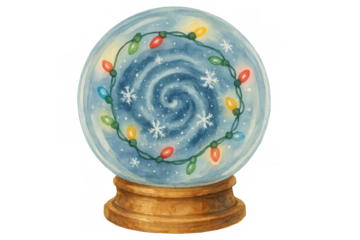 Snow globe with swirling snow, falling snowflakes, and festive string lights, watercolor winter christmas decoration, transparent background