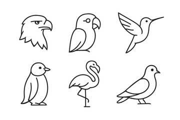 Simple black line art of various bird outlines featuring eagle, parrot, hummingbird, penguin, flamingo, dove