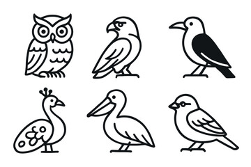 Fototapeta premium Collection of stylized bird icons: owl, eagle, crow, peacock, pelican, sparrow