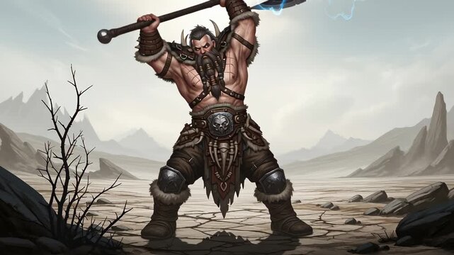 Fierce Warrior with Axe in Fantasy Landscape Illustration.