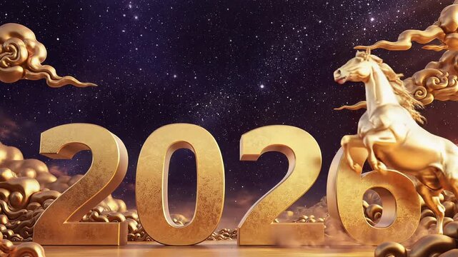 A digital render featuring large golden "2026" numbers, a rearing golden horse sculpture, and traditional Chinese golden auspicious clouds against a starry  background, suggesting a New Yea