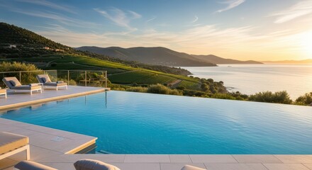 Fototapeta premium Infinity pool overlooking lush vineyard and ocean sunset in serene landscape
