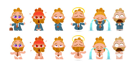 Cute Cartoon Businessman Character with Six Emotions in Full Body Poses. Stylish Male in Suit and Underwear Versions. Perfect for Animation, Web, and Creative Illustration Projects.