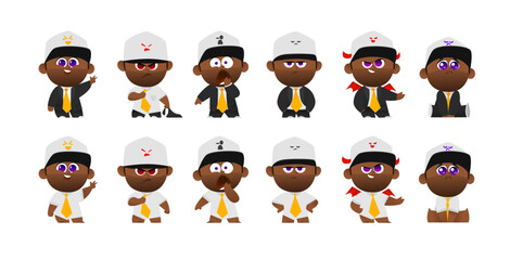 Cute Cartoon African Businessman Character with Six Emotions in Full Body Poses. Stylish Male in Suit and Underwear Versions. Perfect for Animation, Web, and Creative Illustration Projects.