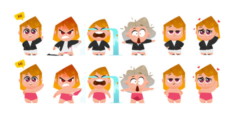 Cute Cartoon Businesswoman Character with Six Emotions Including Joy, Anger, Shock, Sadness, Love, and Calmness. Stylish Female in Full Body Poses for Animation, Web, and Illustration Projects.