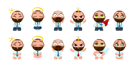 Cute Cartoon Businessman Character with Six Emotions in Full Body Poses. Stylish Male in Suit and Underwear Versions. Perfect for Animation, Web, and Creative Illustration Projects.