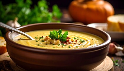 Bowl of yellow soup topped with parsley, croutons, and spices on a wooden table, with a pumpkin in the background