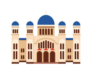 Flat design of a traditional Greek Orthodox church with blue domes on a white isolated background vector illustration