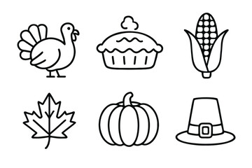 Thanksgiving symbols: turkey, pie, corn, maple leaf, pumpkin, pilgrim hat