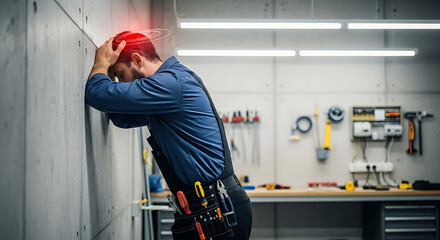 Tradesman with severe headache or head injury leaning on wall in workshop, experiencing pain and stress at work