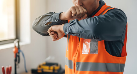 Fototapeta premium Worker in safety vest coughing into elbow, demonstrating proper workplace hygiene and illness prevention