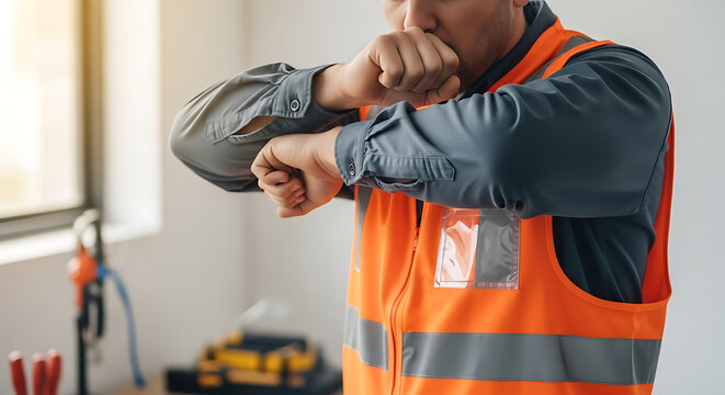 Worker in safety vest coughing into elbow, demonstrating proper workplace hygiene and illness prevention