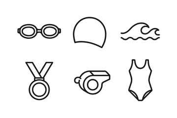 Swimming icon set: goggles, cap, wave, medal, whistle, swimsuit