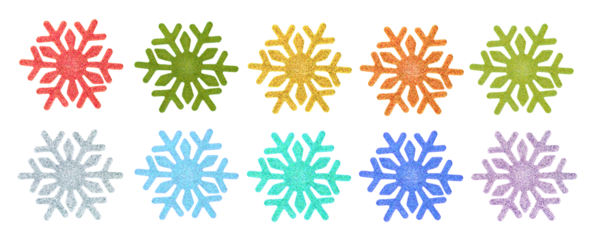 Isolated set of 10 colorful glitter snowflakes on white background.	